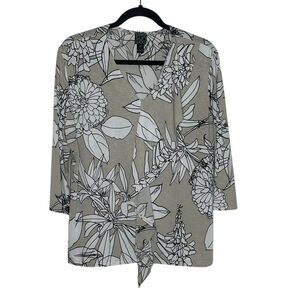 Clara Sun Woo Floral Line Drawing Print Knit Top Size XL Gray‎ White 3/4 Sleeve